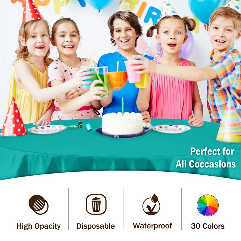 Party Solids 12-Pack Premium Plastic Tablecloth 84in. Round Table Cover - Teal - Image 5